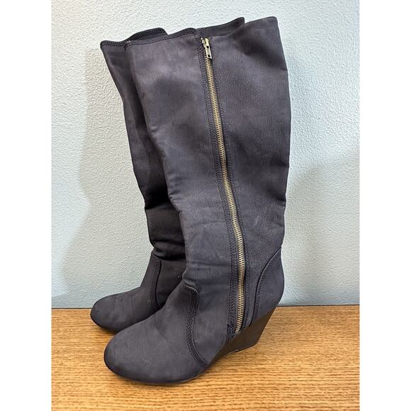 Fergalicious Womens Size 8.5 by Fergie Ornate Wedge Navy Knee High - Picture 1 of 13